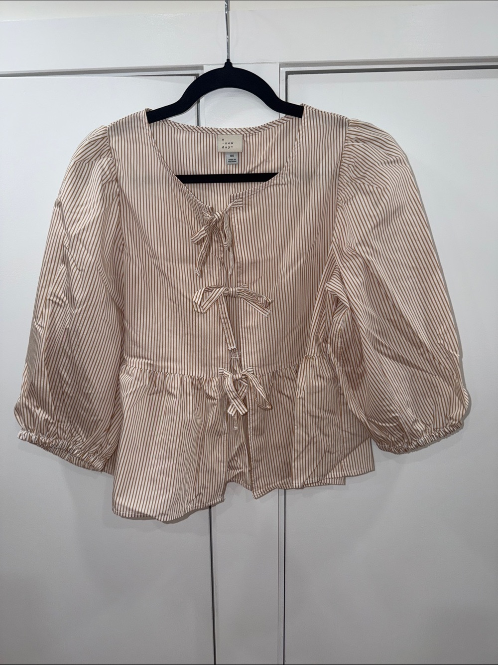 Striped Tie-Front Peplum Blouse - Cream/Brown - Picture 2 of 5